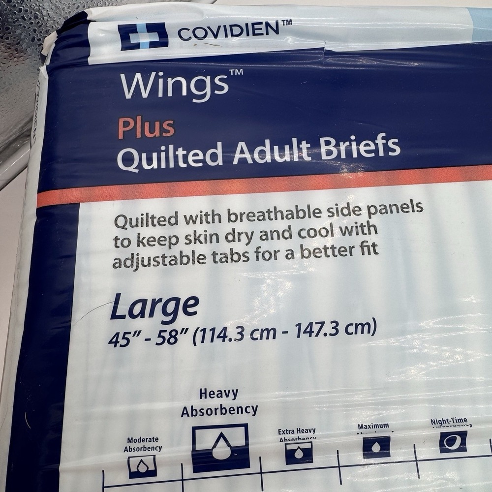 NEW Covidien Wings Plus Quilted‎ Adult Briefs Large #66034 Heavy Absorbency N5